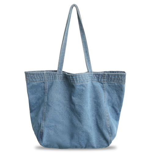 BOZIEE Denim Tasche Damen Shopper Groß Damen Tote Bag Beuteltasche Mit ReißVerschluss,Tragetasche Shopping Bag für School Schule Arbeit Büro Reisen Einkaufen Alltag (leichte Denim) von Boziee