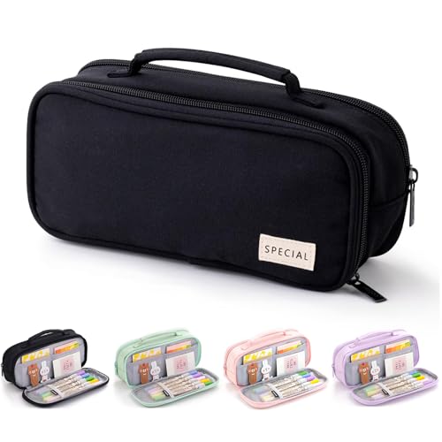 Boziee Federmäppchen 3 Fächer große Kapazität Federtaschen Mäppchen Pencil Case mit Tragegriff für Schule, Büro, Jugendliche, Erwachsene (Schwarz) von Boziee