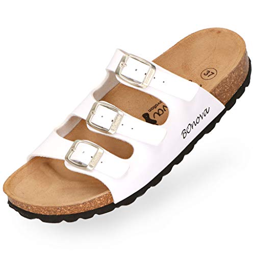BOnova Menorca Pantolette Damen in 7 Farben und von Größe 35 bis 43. Der moderne Hausschuh für den Sommer. Bequemes Kork Fußbett – Laufen wie auf Wolken. Hergestellt in der EU – weiss 38 von BOnova