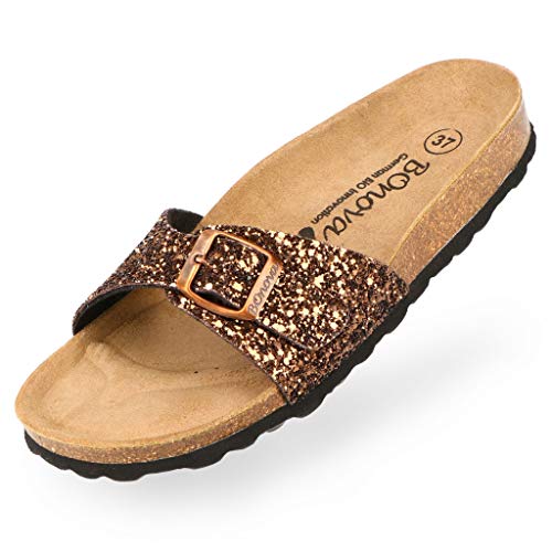 BOnova Damen Pantoletten Teneriffa in Glitter bronze 36, modischer Einriemer mit Korkfußbett - komfortable Sandalen zum Wohlfühlen - hergestellt in der EU von BOnova