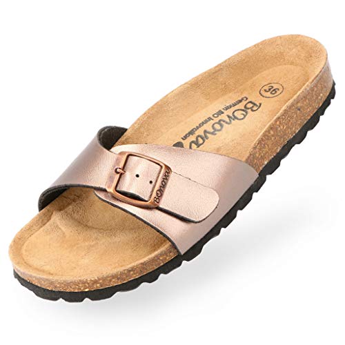 BOnova Damen Pantoletten Teneriffa in Bonoflor Bronze 37, modischer Einriemer mit Korkfußbett - komfortable Sandalen zum Wohlfühlen - hergestellt in der EU von BOnova