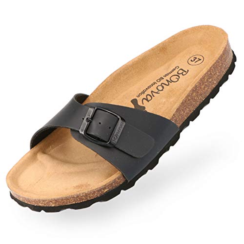 BOnova Damen Pantoletten Teneriffa in Bonoflor schwarz 43, modischer Einriemer mit Korkfußbett - komfortable Sandalen zum Wohlfühlen - hergestellt in der EU von BOnova