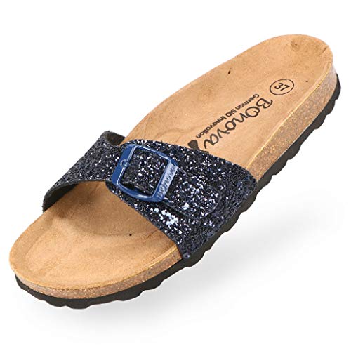 BOnova Damen Pantoletten Teneriffa in Glitter blau 37, modischer Einriemer mit Korkfußbett - komfortable Sandalen zum Wohlfühlen - hergestellt in der EU von BOnova