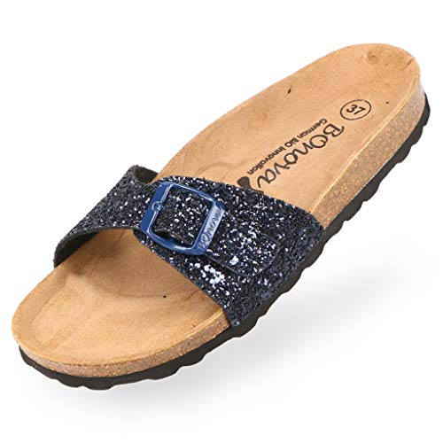 BOnova Damen Pantoletten Teneriffa in Glitter blau 39, modischer Einriemer mit Korkfußbett - komfortable Sandalen zum Wohlfühlen - hergestellt in der EU von BOnova