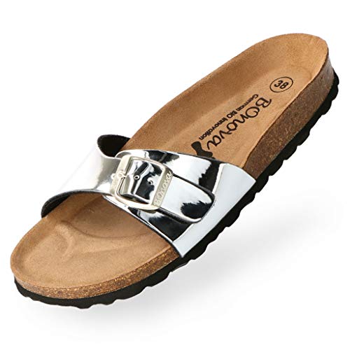 BOnova Damen Pantoletten Teneriffa in Mirror Silber 42, modischer Einriemer mit Korkfußbett - komfortable Sandalen zum Wohlfühlen - hergestellt in der EU von BOnova