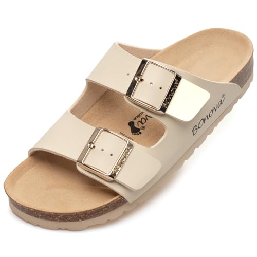 BOnova Damen Sandalen - Pantoletten mit Fußbett - Rutschfeste Sommerschuhe mit Gummisohle - Premium Pantoletten aus Kork - Gemütliche Hausschuhe von BOnova
