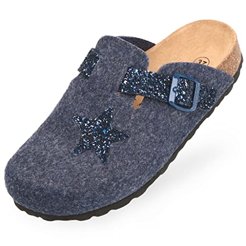 BOnova Malmö in verschiedenen Farben und in den Größen 35-43. Damen-Hausschuh aus weichem Filz, mit Korksohle. Blue Glitter-Blue 37 von BOnova