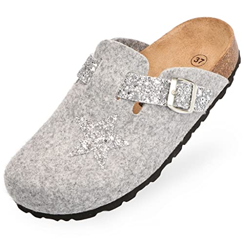 BOnova Hausschuhe Damen 40 Filz Malmö Grey Glitter-Silver 40 - Filzpantoffeln Damen 40 Filzhausschuhe Damen 40 Latschen Damen 40-35 36 37 38 38 39 40 41 42 43 von BOnova