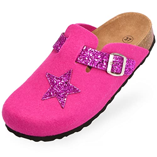BOnova Malmö in verschiedenen Farben und in den Größen 35-43. Damen-Hausschuh aus weichem Filz, mit Korksohle. Pink Glitter-Pink 36 von BOnova