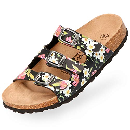 BOnova Menorca Pantolette Damen in 7 Farben und von Größe 35 bis 43. Der moderne Hausschuh für den Sommer. Bequemes Kork Fußbett – Laufen wie auf Wolken. Hergestellt in der EU – schwarz-flower 37 BOnova Menorca Pantolette Damen in 7 Farben und von Größe 35 bis 43. Der moderne Hausschuh für den Sommer. Bequemes Kork Fußbett – Laufen wie auf Wolken. Hergestellt in der EU – schwarz-flower 37 von BOnova