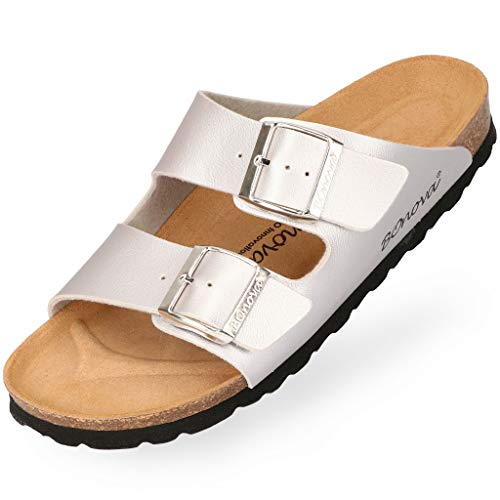 BOnova Schwanberg Damen Bonoflor silber in Größe 40. Sommersandale mit Kork-Fußbett. Hausschuh für das ganze Jahr. Hergestellt in der EU. von BOnova