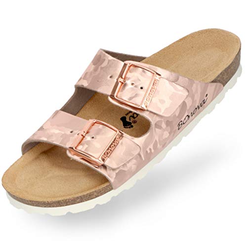 BOnova Schwanberg Damen Camouflage rosegold in Größe 35. Sommersandale mit Kork-Fußbett. Hausschuh für das ganze Jahr. Hergestellt in der EU. von BOnova