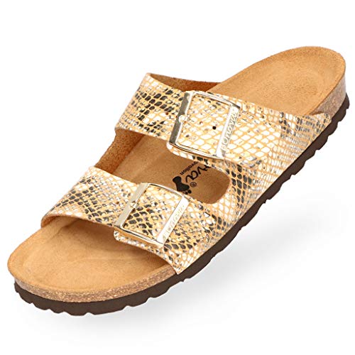 BOnova Schwanberg Damen Snake beige-kombi in Größe 36. Sommersandale mit Kork-Fußbett. Hausschuh für das ganze Jahr. Hergestellt in der EU. von BOnova