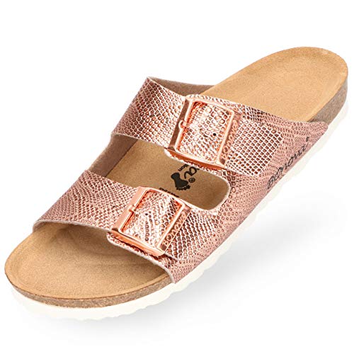 BOnova Schwanberg Damen Snake rosegold in Größe 39. Sommersandale mit Kork-Fußbett. Hausschuh für das ganze Jahr. Hergestellt in der EU. von BOnova