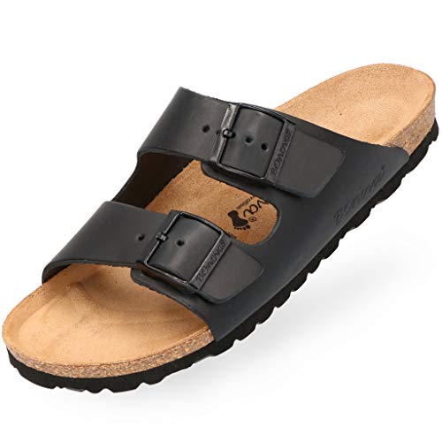 BOnova Schwanberg Echtleder Herren Pantolette in schwarz, Größe 44. Bequeme Hausschuhe aus Echtleder mit Kork-Fußbett - Sandalen hergestellt in der EU von BOnova