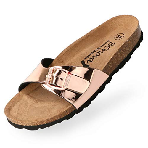 BOnova Damen Pantoletten Teneriffa in Mirror rosegold 36, modischer Einriemer mit Korkfußbett - komfortable Sandalen zum Wohlfühlen - hergestellt in der EU von BOnova