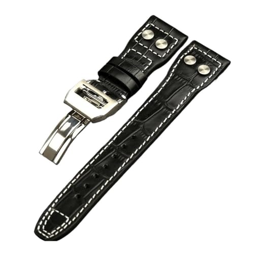 BPBZUTUMDZ Ledernieten Armband passend for IWC Big Pilot Spitfire 22mm TOP GUN Braun Schwarz Uhrenarmband(Black silver clasp) von BPBZUTUMDZ
