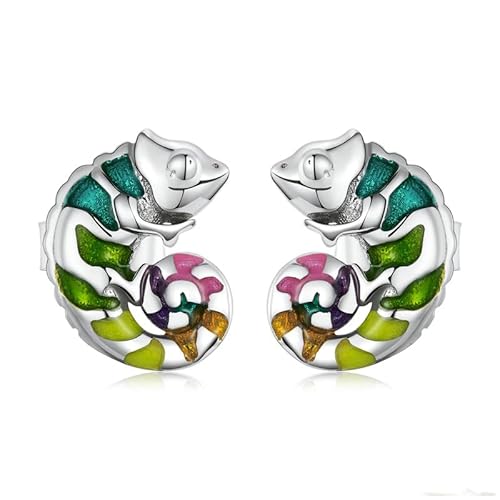 BPCAN Damen Ohrringe Sterling Silber S925 Chamäleon Ohrringe bunt weiß vergoldet kleine Tier Mode Ohrringe von bpcan