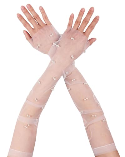 BPTRKOM 1 Paar lange handschuhe damen - Weiße Handschuhe Lang Damen Fingerlose Netzhandschuhe Perlen Transparent Tüllhandschuhe Brauthandschuhe Weiße Handschuhe Damen für Bräute von BPTRKOM