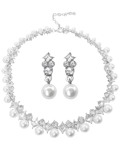 BPTRKOM 1 Satz Großes Schmuck-Set mit Nachgemachten Perlen – Perlenkette für Damen,Statement-Schmuck für Hochzeiten, Events&Partys,Runde Zuchtperlen in Weiß für elegante Anlässe(Halskette + Ohrringe) von BPTRKOM
