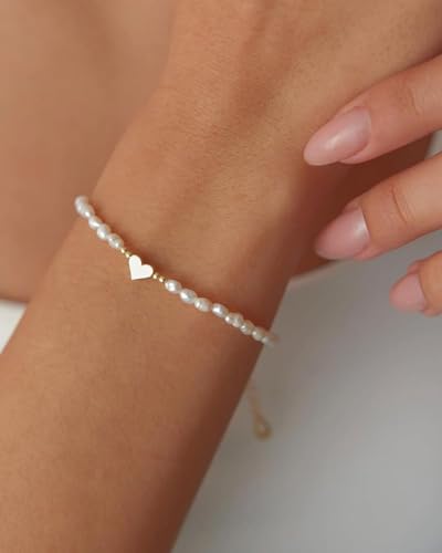 BPTRKOM 1 Stück Damen Armband- Goldene Perlen Armbänder Mit Herz Anhänger, 14K Vergoldete Cuban Link,Geeignet für Damen-Mädchen-Geburtstags-Weihnachtsgeschenke von BPTRKOM