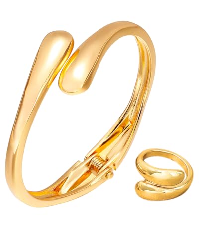 BPTRKOM 1 Stück Goldener-Armreif im Tropfen-Design –Armband mit Bypass-Verschluss,Statement-Schmuck für Handgelenk & Arm,Elegantes Armband für besondere Anlässe(wird mit dem gleichen Ring geliefert) von BPTRKOM