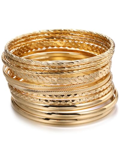 BPTRKOM 12 Stück Armreif Gold Boho - Multi Armband Set für Mädchen Punk Chunky Stapelbar Tag Braut Hochzeit Party Geschichtete für Frauen und Mädchen von BPTRKOM