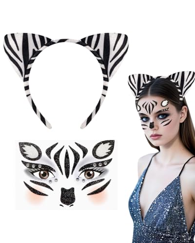 BPTRKOM 2 Stück Zebra-Kostüm Zubehör Set - Ohrenreif mit Zebra-Gesichtstattoos für Karneval & Mottopartys - Wilde Tierparty Accessoires für Fasching(Aufkleber + Stirnband) von BPTRKOM