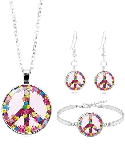 BPTRKOM 3-teiliges Hippie-Kostüm-Set für Damen – Flower-Power-Accessoires im 60er & 70er Jahre Stil | Inklusive Peace-Kette & Ohrringe | Perfekt für Mottopartys, Halloween, Fasching & Karneval(Rosa) von BPTRKOM