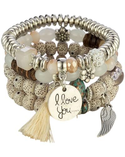 BPTRKOM 4-teiliges Boho-Armband-Set für Damen – Holzperlen & Quasten-Design mit Baum des Lebens Charm,Statement-Armreifen mit Kristallperlen,Natürlicher&stilvoller Schmuck für Frauen(Weiß) von BPTRKOM