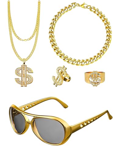 BPTRKOM 5 Stück Dollar Kette Set- Goldkette Kostüm, Zuhälter Kostüm Hip Hop Rapper Punk Gold Kette Goldring Kette Ring Für Karneval Fasching Mottoparty von BPTRKOM