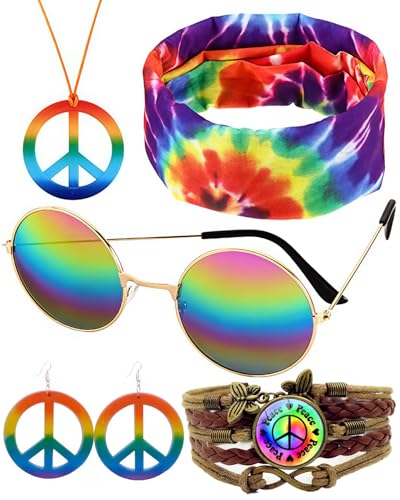 BPTRKOM 5-teiliges Hippie-Kostüm-Set für Damen – Flower-Power-Accessoires im 60er & 70er Jahre Stil | Inklusive Peace-Kette & Ohrringe | Perfekt für Mottopartys, Halloween, Fasching & Karneval von BPTRKOM