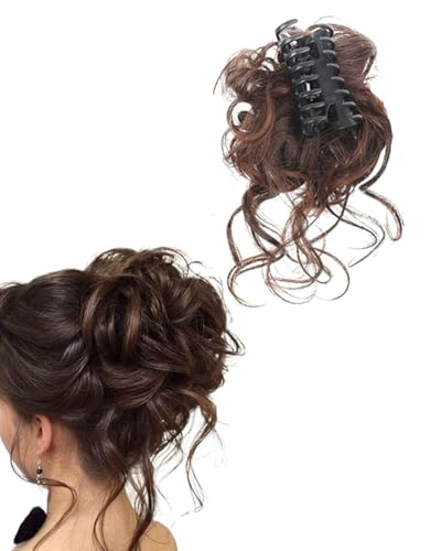 BPTRKOM Natürlich aussehende Damen-Haarteile – Verlängerung für Dutt, Pferdeschwanz & Hochsteckfrisuren Lockig, Wellig & Messy Look, Synthetik,Mit Klaue & Clip für sicheren Halt(Dunkelbraun) von BPTRKOM