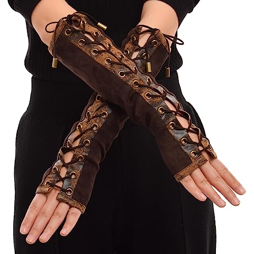 1 Paar Damen Steampunk Fingerlose Handschuhe Ellenbogen Lace Up Handschuhe für Halloween Kostüm Cosplay Party (Braun) von BPURB