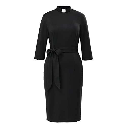 BPURB Damen Elegant 3/4 Ärmel Business Bleistiftkleid Etuikleider mit Gürtel für Kirch Worship Taufen Hochzeit Gast, Schwarz, L von BPURB