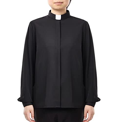 BPURB Damen Klerus Priesterhemd Bluse mit Tab Kollar Kragen Pfarrer Langarm Baumwollmischung Regular Fit Oberteil Arbeithemden, Schwarz, XXXXXL von BPURB