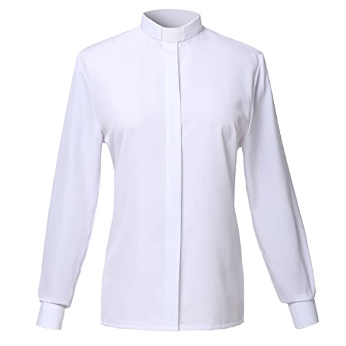 BPURB Damen Klerus Priesterhemd Bluse mit Tab Kollar Kragen Pfarrer Langarm Baumwollmischung Regular Fit Oberteil Arbeithemden,Weiß, XXL von BPURB