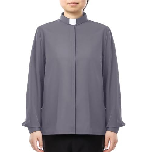 BPURB Damen Klerus Priesterhemd Bluse mit Tab Kollar Kragen Pfarrer Langarm Baumwollmischung Regular Fit Oberteil Arbeithemden von BPURB