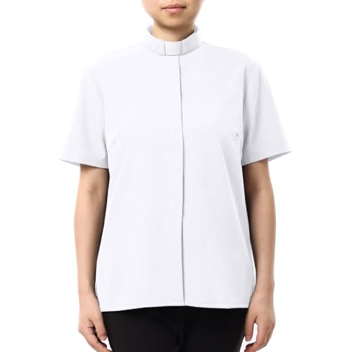 BPURB Damen Kurzarm Slim Fit Hemdbluse Basic Stehkragen Priester Kragen Weiß Elegant Arbeitshemden mit Knopleiste Oberteile Weiß von BPURB