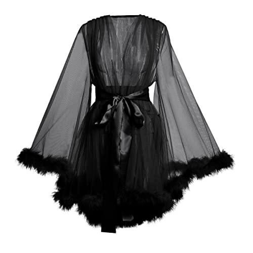 BPURB Damen Sexy Illusion Transparent Spitze Morgenmantel Tüll Feder Robe Schwangerschafts Umstands Fotoshooting Hochzeitskleid Party Bademantel mit Gürtel, Schwarz, M von BPURB