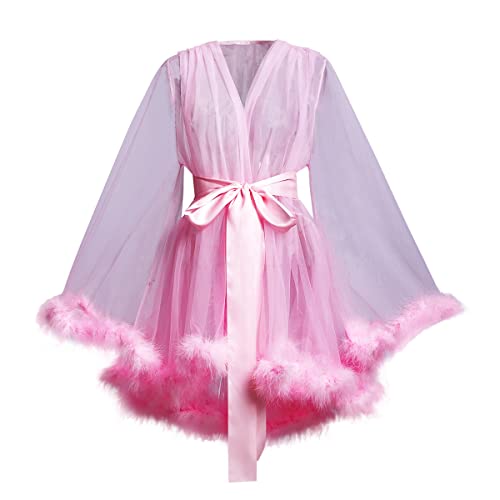 BPURB Damen Sexy Illusion Transparent Spitze Morgenmantel Tüll Feder Robe Schwangerschafts Umstands Fotoshooting Hochzeitskleid Party Bademantel mit Gürtel, rose, XL von BPURB