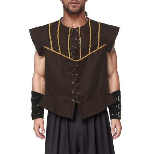 BPURB Mittelalter Herren Piraten Schnürweste Wikinger Kostüm Gothic Steampunk Renaissance Cosplay Weste, Größe L, Braun von BPURB