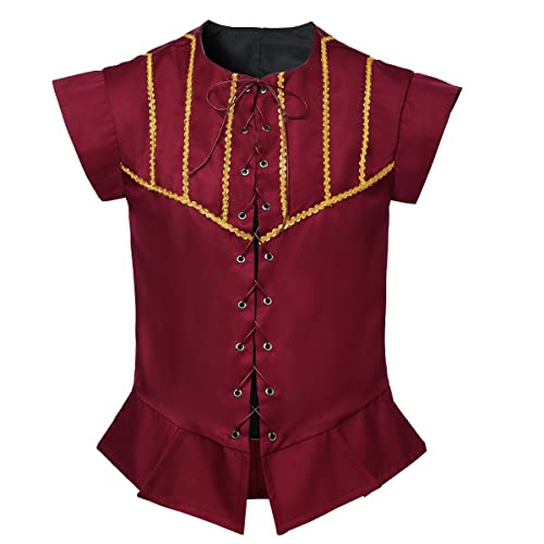 BPURB Herren Steampunk Wikinger Piraten Lace-up Ärmellos Weste Mantel Renaissance Mittelalter Cosplay Jacke Viktorianisches Kostüm, Größe S, Weinrot von BPURB