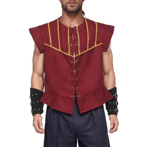 BPURB Mittelalter Herren Piraten Schnürweste Wikinger Kostüm Gothic Steampunk Renaissance Cosplay Weste, Größe S, Weinrot von BPURB