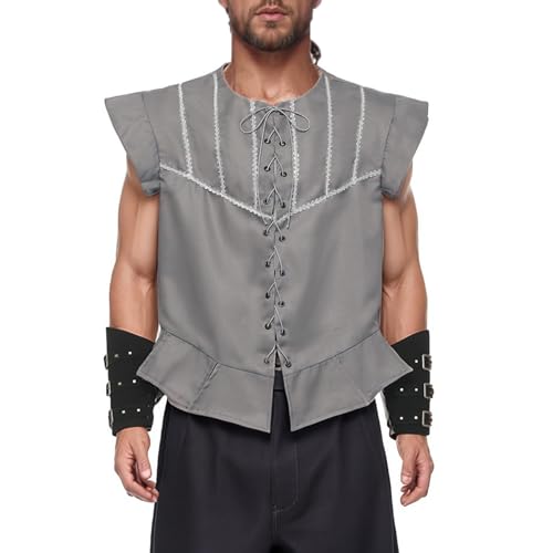 BPURB Herren Steampunk Wikinger Piraten Lace-up Ärmellos Weste Mantel Renaissance Mittelalter Cosplay Jacke Viktorianisches Kostüm, Größe XL, Silber von BPURB