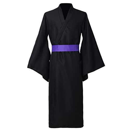 BPURB Herren japanische Yukata traditionell Kimono Robe Pyjamas Bademantel Morgenmantel Langarm V Ausschnitt mit Gürtel Schwarz von BPURB