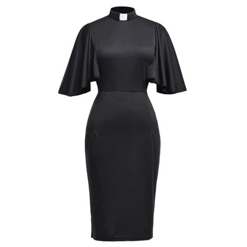 BPURB Damen Elegant 3/4 Rüschen ärmel Business Bleistiftkleid mit Stehkragen Priester Kragen Weiß für Kirch Hochzeiten und Beerdigungen, Schwarz, Medium von BPURB