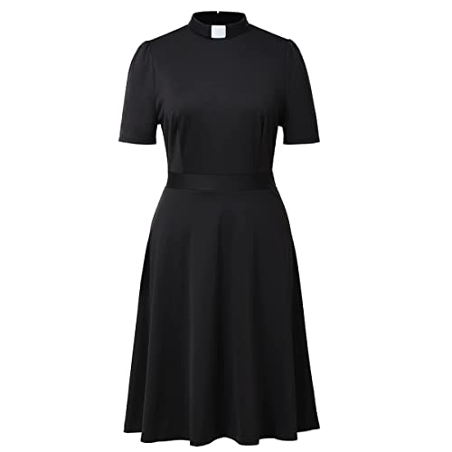 BPURB Kirche Damen Klerus Kleid Elegant Kurzarm A-Line Priester Midikleid mit Tab Kollar, Schwarz, XXX-Large von BPURB