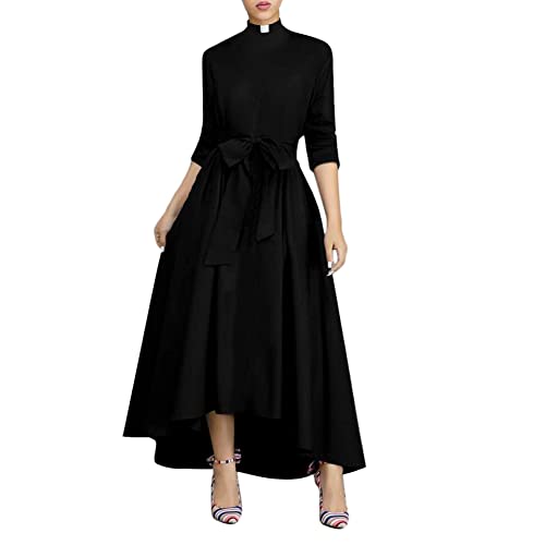 BPURB Kirchen Kleid für Damen Langarm Lose Elegantes Klerus Maxi Kleid mit Tab Kollar Kragen und Gürtel von BPURB