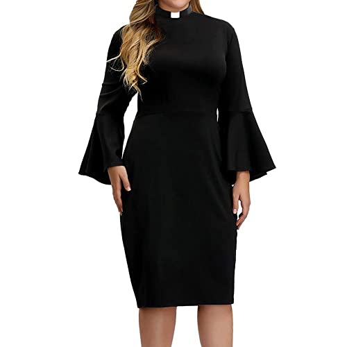 BPURB Kirchen Kleid für Damen Übergröße Rüschen Glockenärmel Langarm Klerus Elegantes Midikleid Bodycon Bleistiftkleider, Schwarz, 5X-Large von BPURB